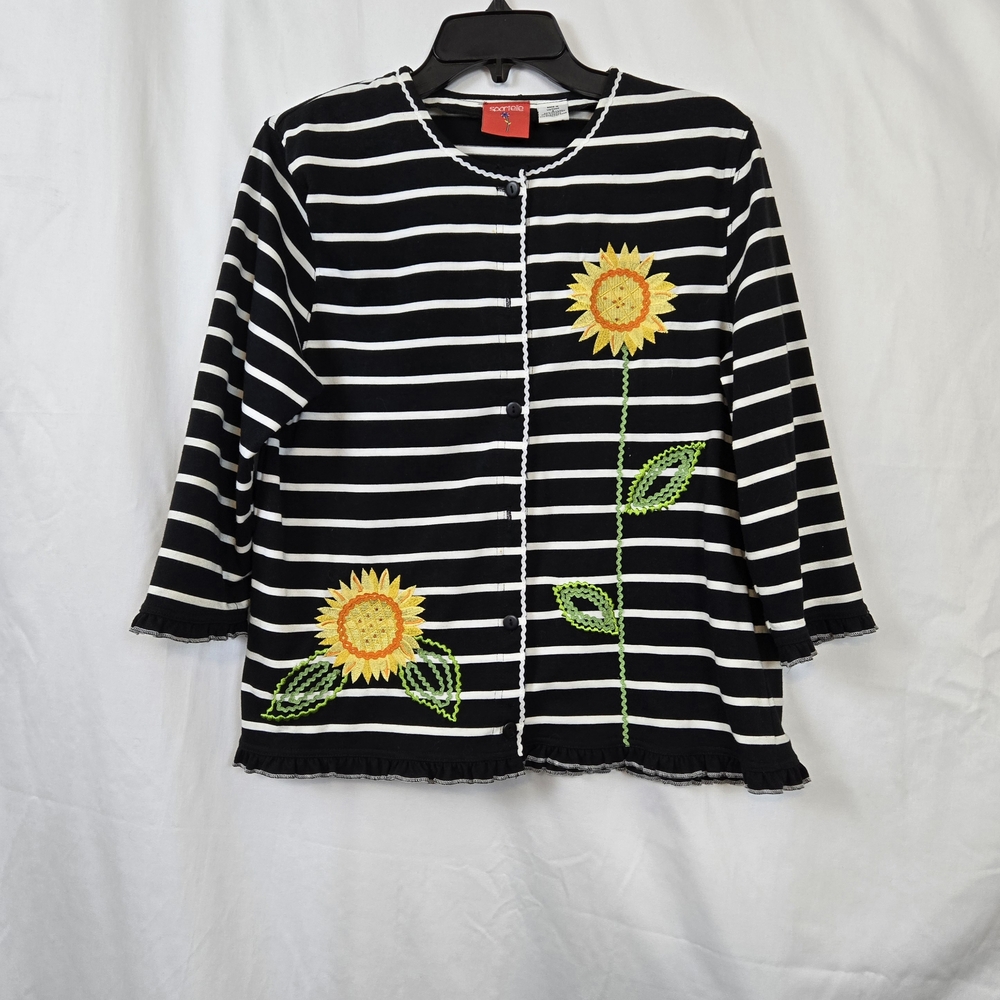 Sportelle Women Black White Stripe Sunflower 3/4 Sleeve Lightweight Casual Top S